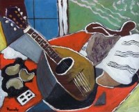 Lot 469 - Bernard Meninsky, Still life with mandolin, oil.