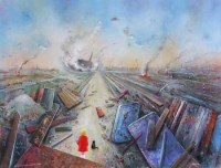 Lot 485 - David Wilde, Blowing up the Old Mill, Demolitionland, c.1970, oil.