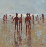 Lot 489 - Laurence J. Belbin, Figures on a beach, oil.