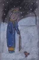 Lot 552 - Dora Holzhandler, Lady and robin in the snow, ink and pastel.