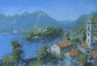 Lot 567 - Marc Grimshaw, Continental lake scene, pastel.