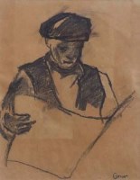 Lot 574 - Style of William Conor, Man reading a paper, charcoal.