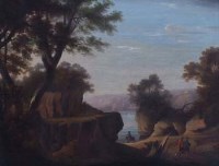 Lot 597 - Continental School, 19th century, Lake view with figures, oil.