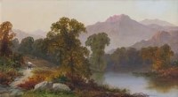 Lot 601 - T.S.B., 19th century, Highland lake scene with figures, oil.