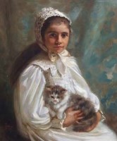 Lot 603 - J. Johnson, Girl with cat, oil.
