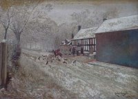 Lot 610 - Herbert H. Jones, Cheshire Hounds meeting in a snow covered landscape at The White Star, Acton, oil.