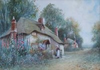 Lot 631 - J. Hughes Clayton, Rural lane with cottages and figure, watercolour.