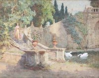 Lot 632 - Thomas Ellison, Italianate garden scene with female figure, watercolour.