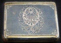 Lot 246 - Russian niello silver tobacco box, decorated on the chequered ground with the Ottoman armorial of Sultan Abdul Hamid II, marked inside the lid AF and