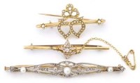 Lot 293 - Pearl and diamond bar brooch and two others