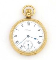 Lot 334 - Waltham open faced keyless pocket watch in 18ct