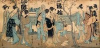Lot 347 - Japanese woodblock print of bijins in a garden.