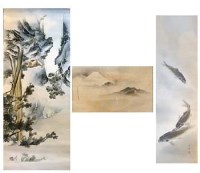 Lot 351 - Three Japanese painted silk scrolls