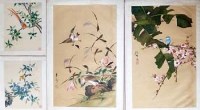 Lot 377 - Four Japanese painted watercolour on silk pictures of birds