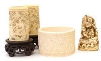 Lot 393 - Chinese Ivory Tusk Shaped Pair of Vases & an Ivory Box (No base or lid) and a Figure Group