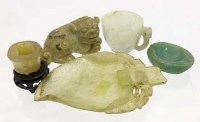 Lot 396 - Chinese jade leaf dish; Kylin; two small cups; small dish (5).
