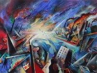 Lot 467 - David Wilde, Salford Docks Storm with the Consuming Flames of Industry and St. Elmo's Fire, oil.
