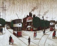 Lot 470 - Arthur Delaney, Ardwick Green with trams and figures, oil.