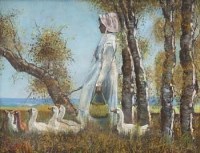 Lot 485 - Attributed to Keating, The Goose Girl, oil.