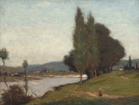 Lot 487 - Murray Urquhart, River scene with figure, oil.
