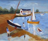 Lot 493 - Stephanie Dingle, Suffolk harbour, oil.