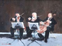 Lot 545 - David Baxter, Musical trio, oil.