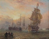 Lot 612 - Claude T.S. Moore, Man-of-war and other shipping off a port at sunset, oil.