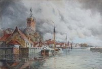 Lot 629 - Louis Van Staaten, Dutch canal scene, watercolour.