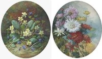 Lot 635 - A. Connelly, Primroses and chrysanthemums, watercolours, a pair (2).