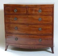Lot 699 - Mahogany and inlaid bow fronted chest of drawers.
