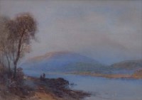 Lot 385 - Thomas Leeson Rowbotham, Lake view with figures, watercolour.
