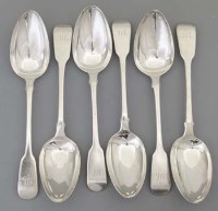 Lot 321 - Six silver fiddle pattern table spoons.