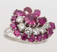 Lot 347 - White gold cam shaped ruby and diamond ring