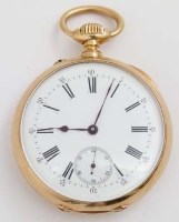 Lot 392 - Open faced stem wind 18ct gold pocket watch