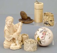 Lot 426 - Japanese ivory okimono, three boxes and two bone