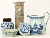 Lot 491 - Collection of Chinese porcelain to include a gingerjar with wood base and cover, a Canton vase, a water jug, Tek sing bowl and dish.