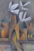 Lot 539 - Jiri Borsky, Doves over a townscape, oil.