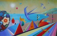 Lot 552 - David Wilde, Summers Symbolic Swallow with Summers Symbolic Speeding Sun; Alice and Mickey Fishing, acrylic.
