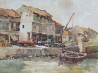 Lot 645 - Gog Sing Hooi, Harbour view with figures, watercolour.