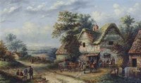Lot 718 - Manner of Edward Masters (fl.1869-1875), Horse and cart with figures outside an Inn, oil.