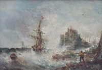 Lot 730 - S.L. Kilpack, Coastal view with figure and various shipping, oil.
