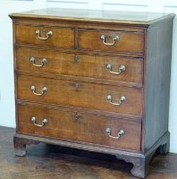 Lot 816 - George III oak chest of two short and three long cock beaded drawers