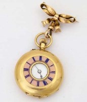Lot 372 - 18k gold lady's half-hunter Swiss fob watch on