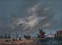 Lot 420 - Gudrun Sibbons, Dutch estuary scene with figures, oil on board.