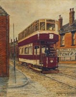 Lot 428 - J.R. Farnworth, Street scene with tram, oil.