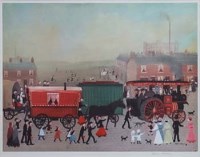 Lot 540 - After Helen Bradley, Big Bertha Comes to Lees, signed print.