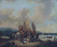 Lot 549 - William Shayer, Beach scene with figures, oil on canvas.