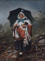 Lot 552 - British School, 19th century, Lady in the rain, oil.