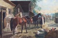 Lot 567 - English School, 19th century, Farmyard scene with figures and horses, oil.