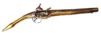 Lot 63 - Balkan (Albanian) Miquelet flintlock pistol   with full length etched and engraved brass rat tail stock, .600 bore, 47cm overall length